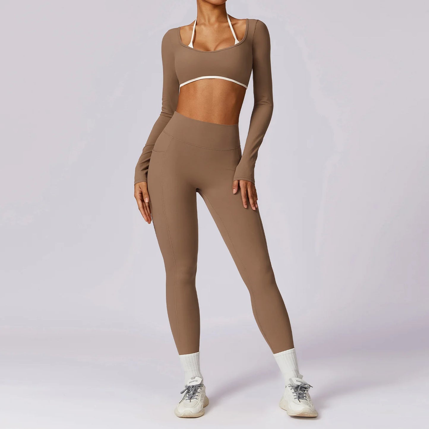 2 Pieces Tracksuit Yoga Set Workout Sports Gym Fitness Long Sleeve Crop Top High Waist Leggings Sports Suits