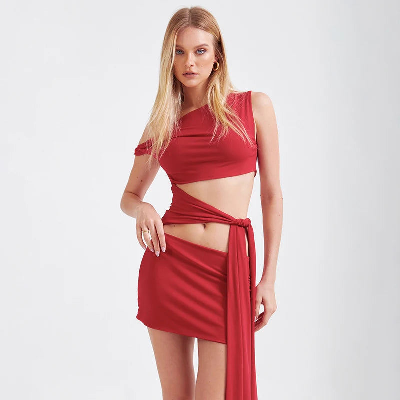 Color Oblique Collar Strapless Sleeveless Slim Tie Short Dress Hollow Out Hip Dress