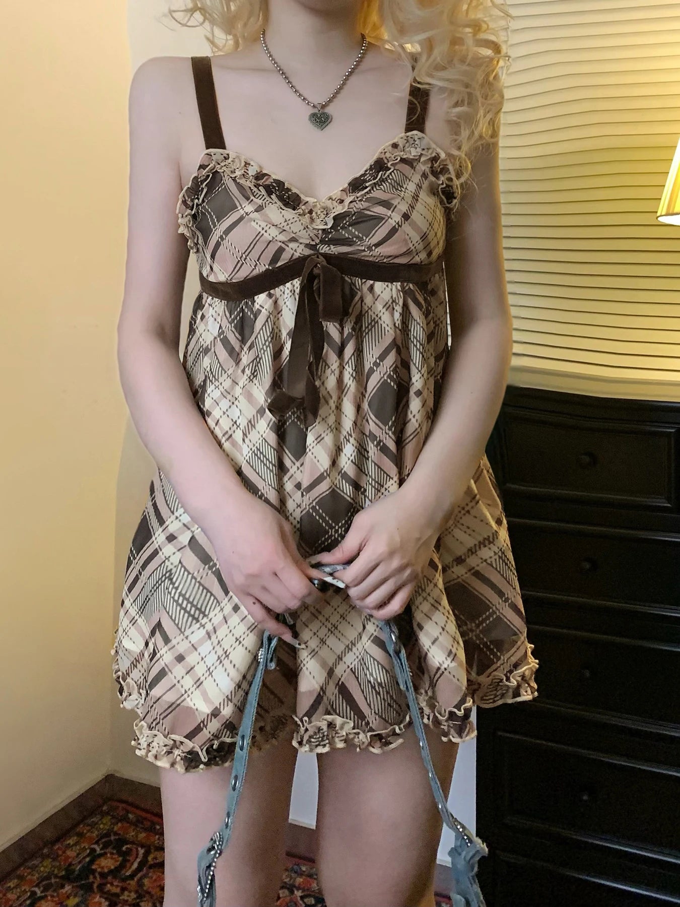 Plaid Print Camisole Ruched A-line Top Sleeveless Retro