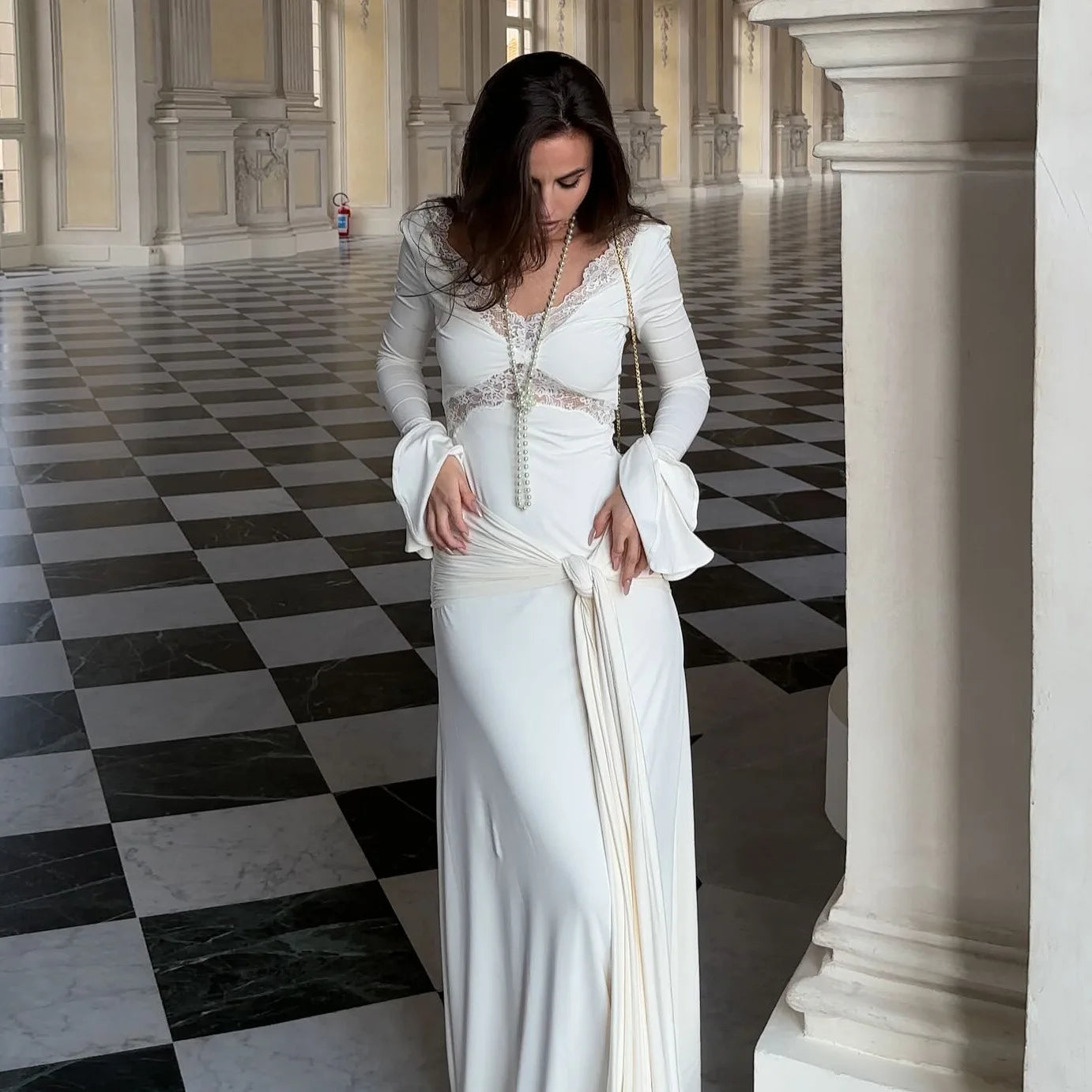 White V-Neck Lace Flare Sleeves Maxi Dress