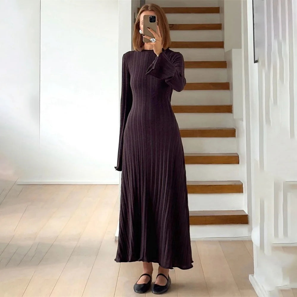 Knit Loose Maxi Dress Lace-Up High Waist Ribbed Long Sleeve Dress Knit Long Dress