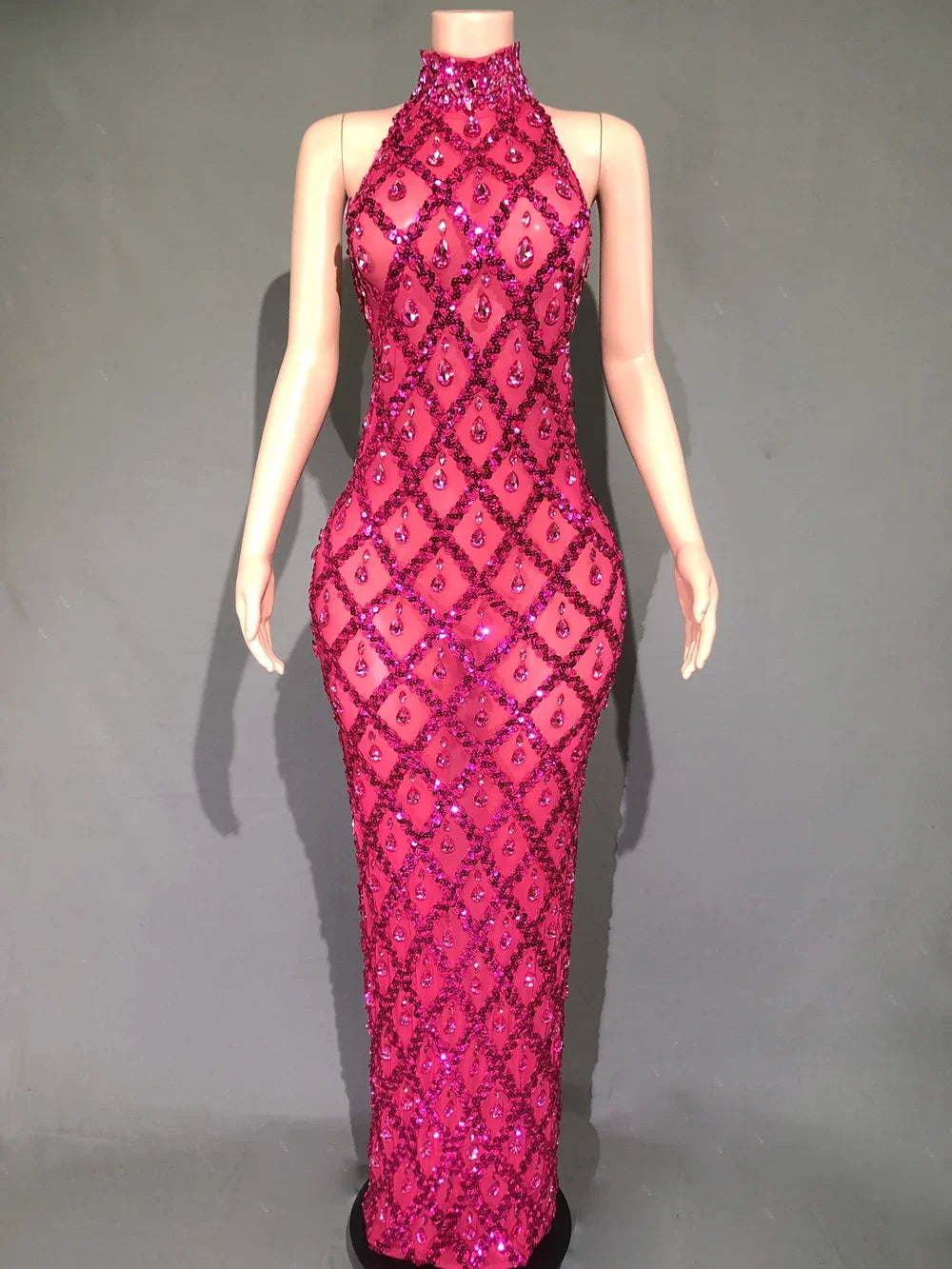 Sparkly Rhinestones Sleeveless Long Dress Dark Mesh Celebrate Wedding Prom Gown Birthday Dress Photograph Wear