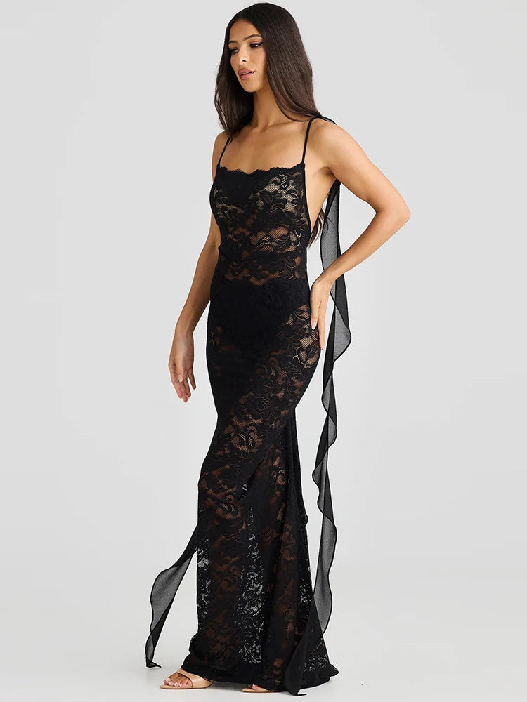 Lace See Through Camisole Maxi Dress For Ribbons Sleeveless Backless Slim Bodycon Long Dress Ladies Robes