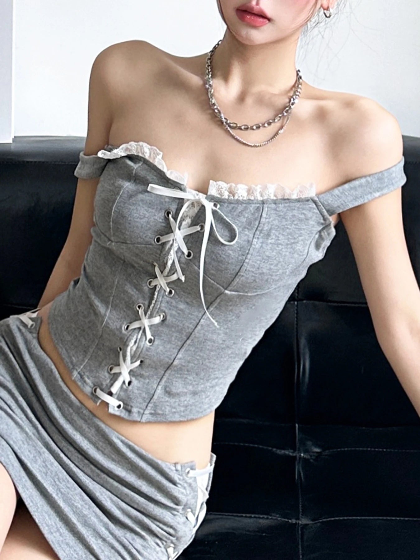 Gray Lace Trim Top