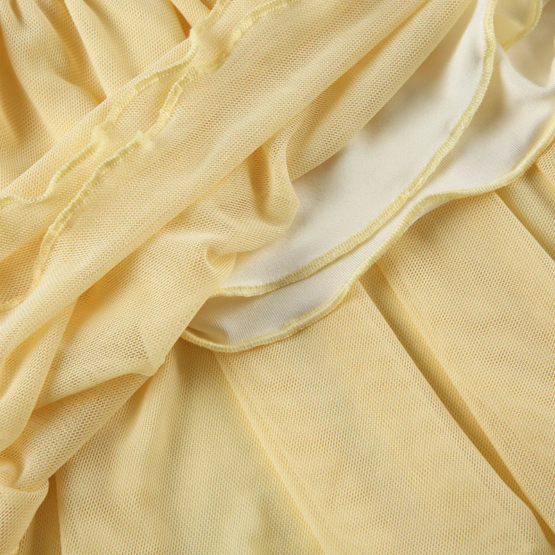 Yellow Flower Pleated Ruffles Low-Waist Mini Skirt