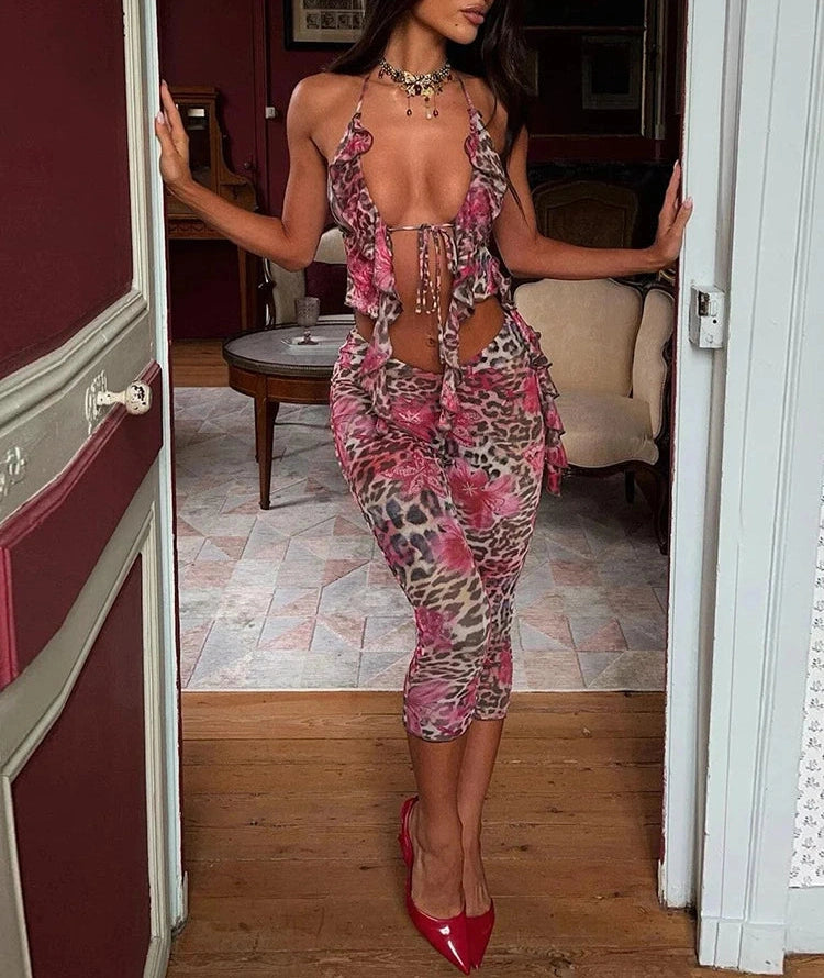 Flower Print Two Piece Set Halter Ruffles Low-Neck Backless Crop Top Skinny Panst Suits