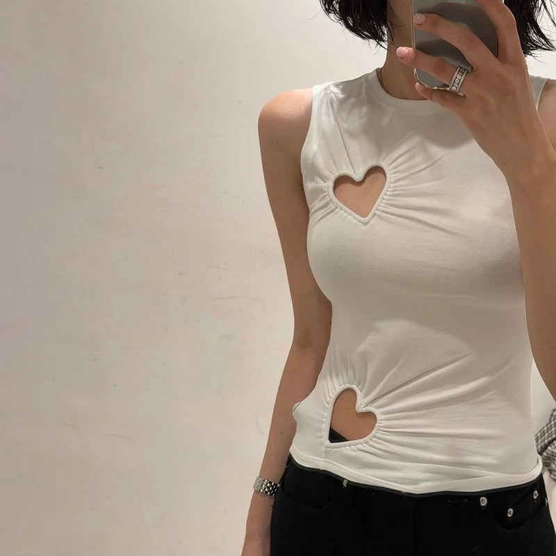 'S Color Irregular Pleated Waisted Loving Hollow Out Round Neck Vest tie Girls heart