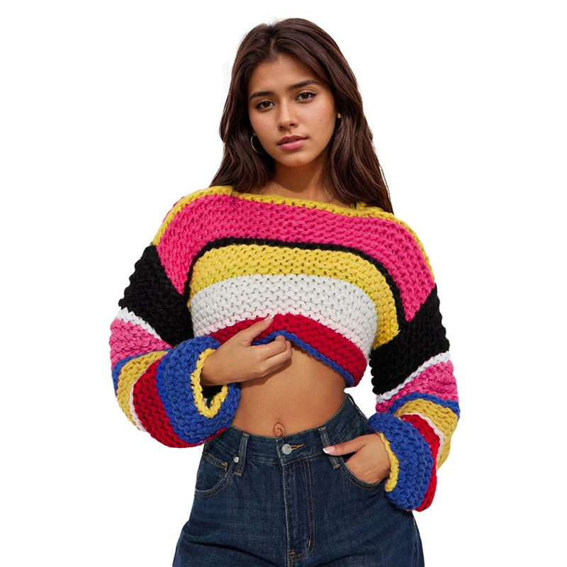 Colorful Stripe Long Sleeve Rainbow Heavy Knit Sweater Short Crop Sweater