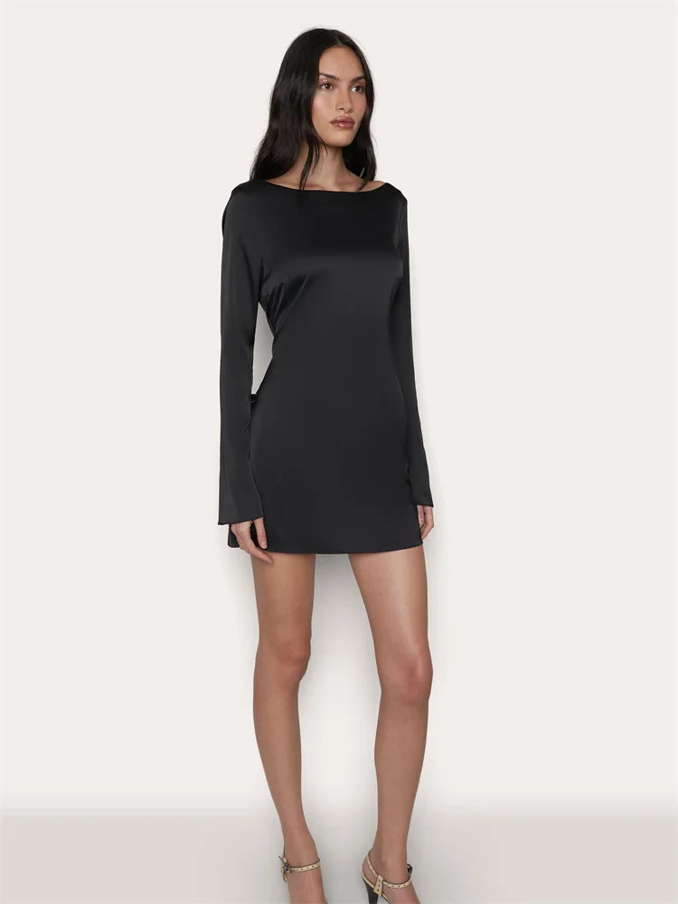 Satin Hollow Out Backless O-Neck Dress Long Sleeve Pullover Slim Fit Short Night Dress