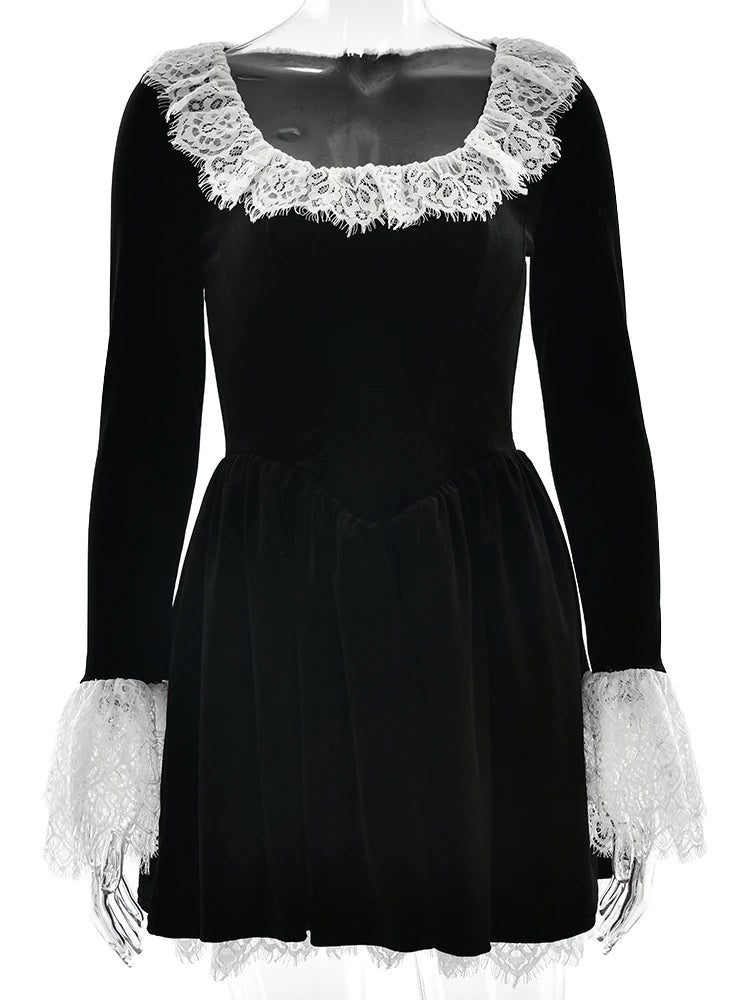 Patchwork Square Collar Lace Dress Black Flare Sleeve French Dress Slim