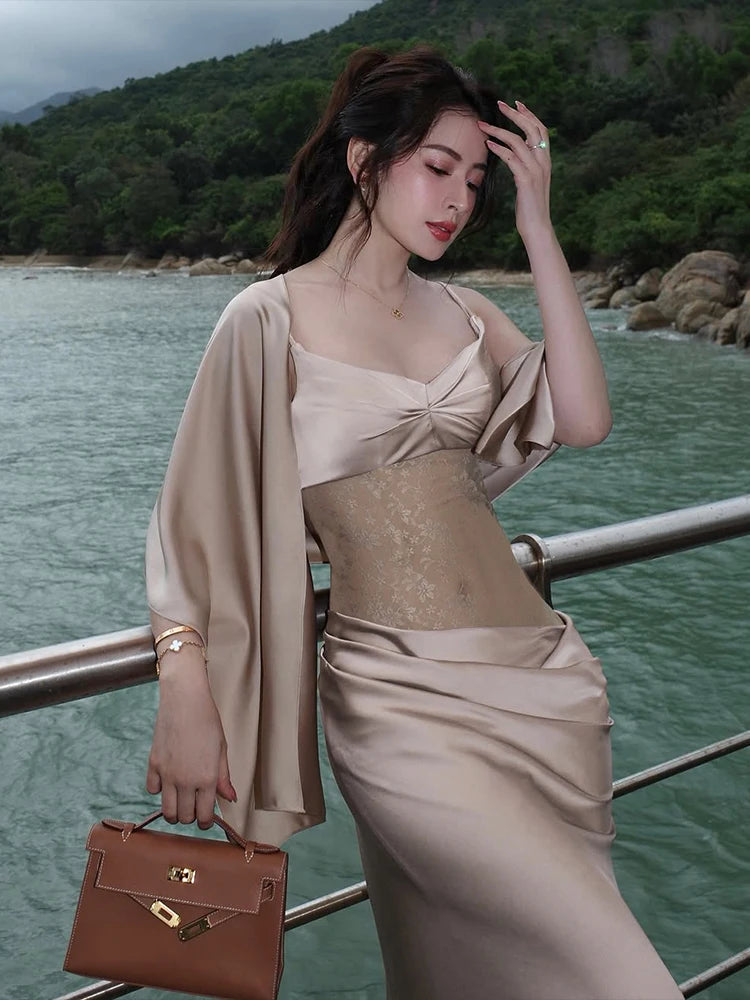 Supendency Maxi Dress Silk Embroidery Lace Low Neck Bodycon Banquet