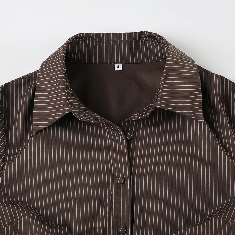 Striped Print Buttons Up Blouses Shirts Flare Sleeves Top