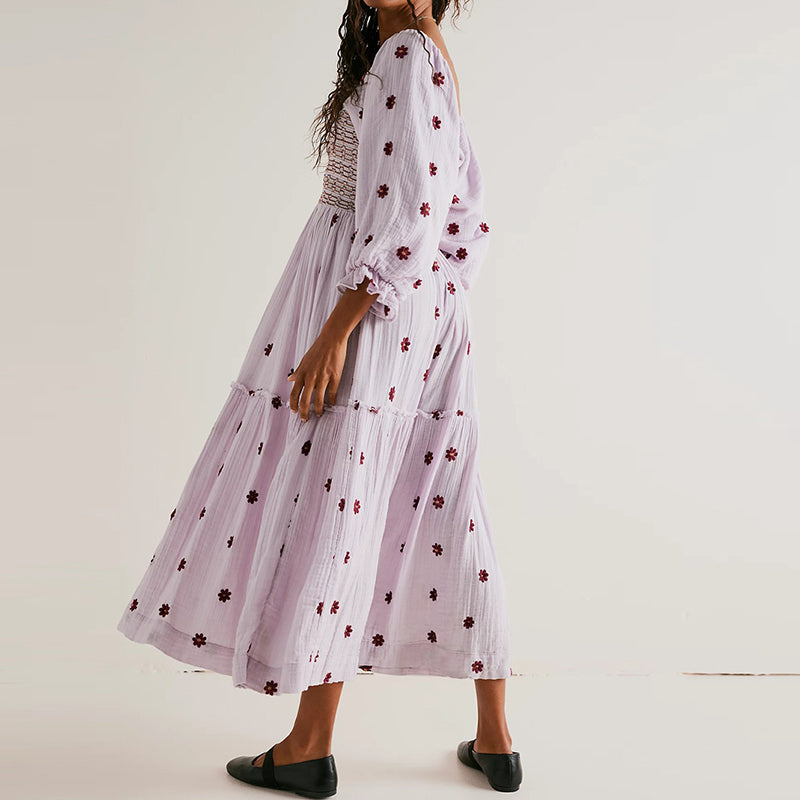 Ruffle Swing A Line Maxi Dress Bohemian Floral Dress Square Neck Long Sleeve Dress