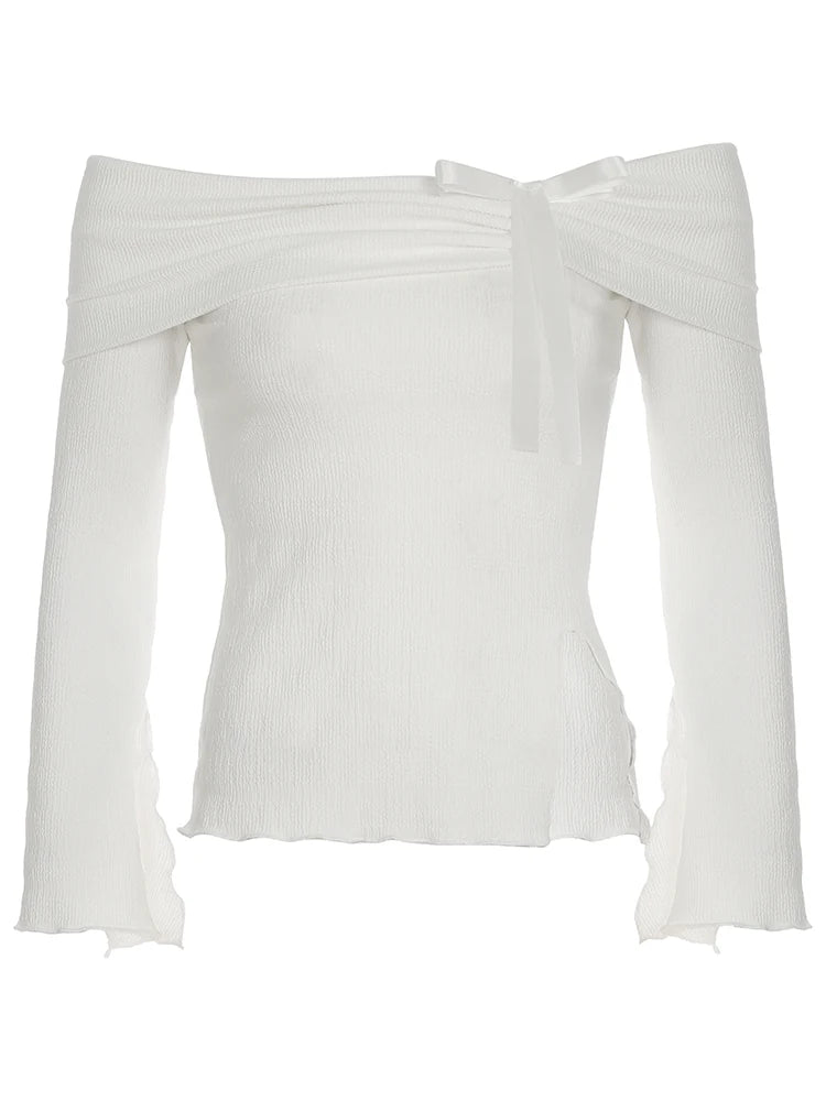 Lace-up 's White Tee Shirts Slash Neck Slits Top Slim Daily