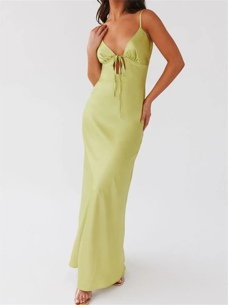 Dress Color Sleeveless Strap V-neck Front Tie-Up Backless Long Dress Slim