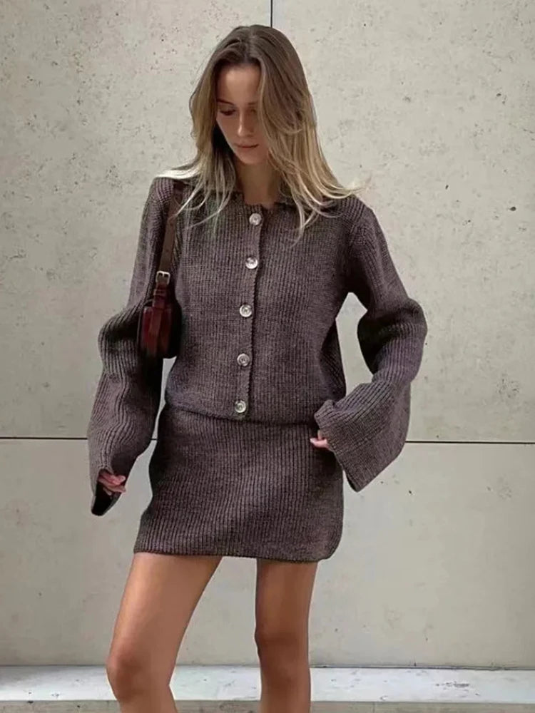 Knitted Suit Lapel Flare Sleeve Cardigan Skirt Solid Slim Sweater Two Piece Sets