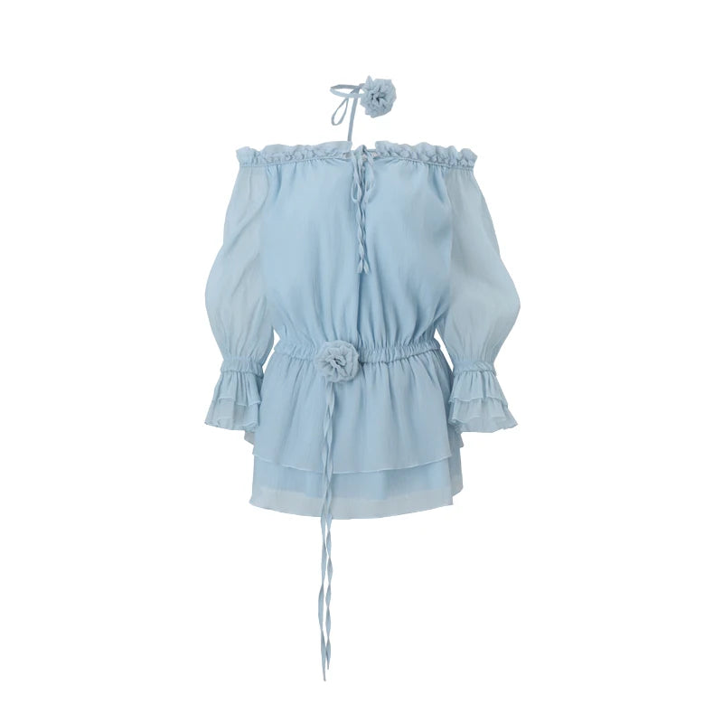 Mesh Ruffles Mini Dress Sheer Sleeve Slash Neck Slim Flower Lace Up Dress Street
