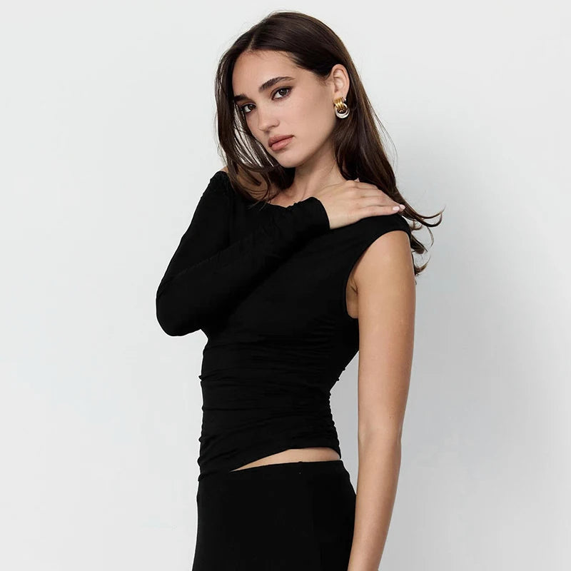 Irregular Top Slant Neck Single Sleeve Straple Micro Pleat Top T-Shirt Top