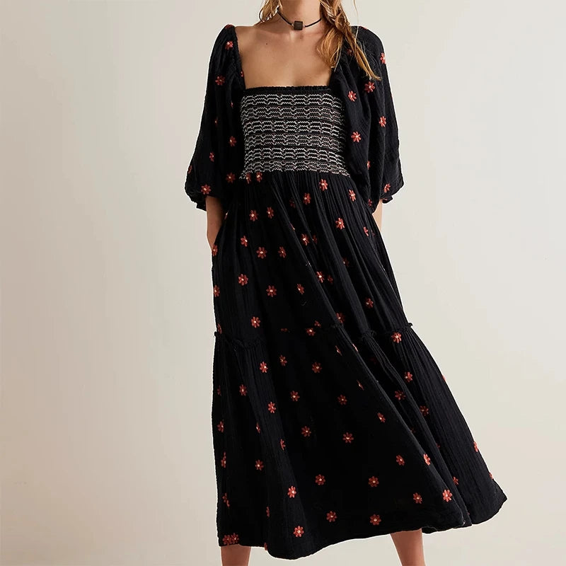 Ruffle Swing A Line Maxi Dress Bohemian Floral Dress Square Neck Long Sleeve Dress