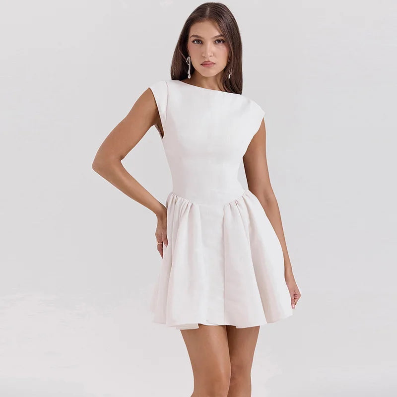 Backless A-line Dress Black Sleeveless High Waist Dress Slim