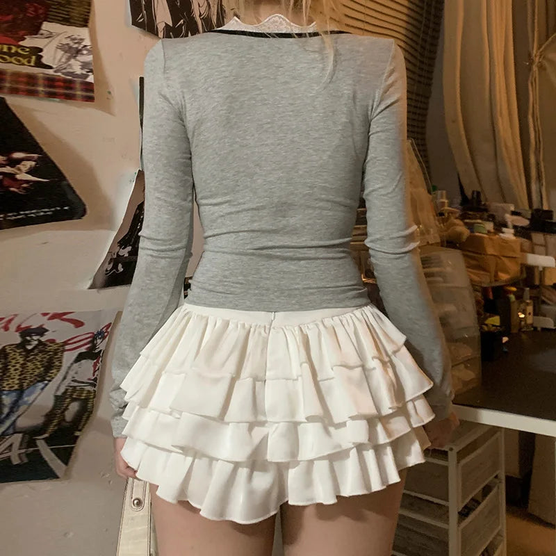 Lace Patchwork Slim Tee Shirts Long Sleeves V-neck s Bows Top