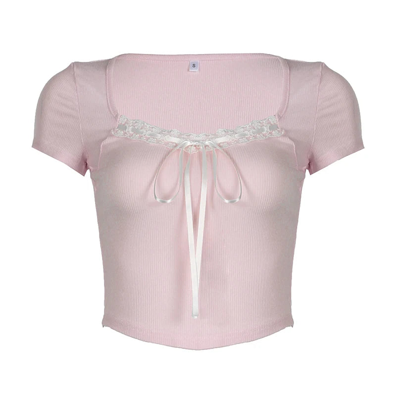 Lace Patchwork Pink Tee Shirts Short Sleeves Lace-up Slim Crop