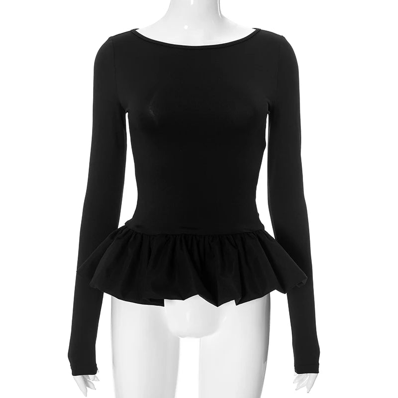 Round Neck Top Long Sleeve Slim Fit Mini Puffy Hem Deign Top