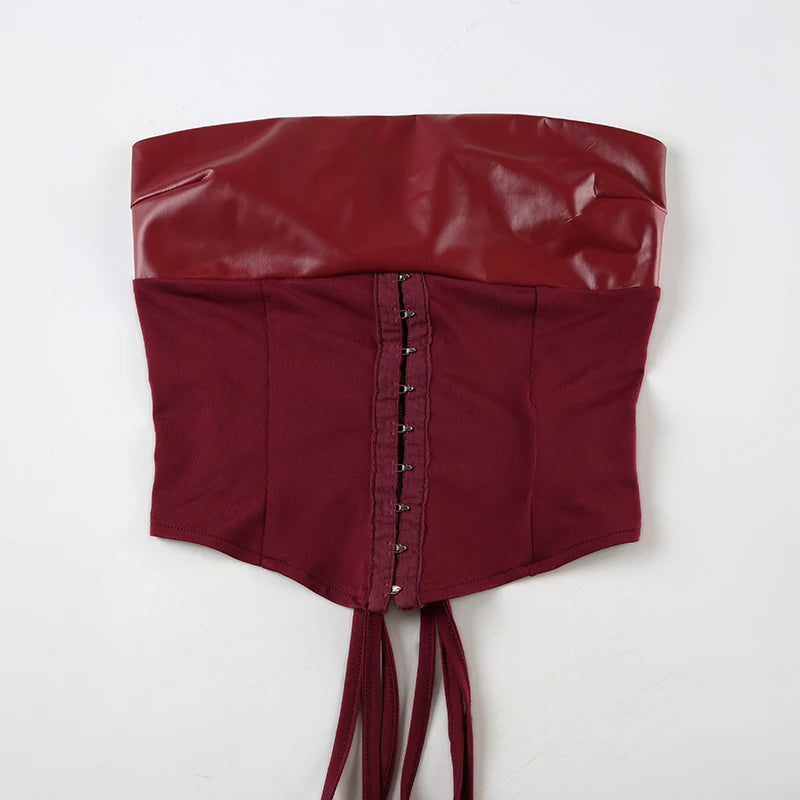 Red Leather Stitching Corset Top Lace-up Backless Mesh Transparent Tube Top Strapless Cropped Tees