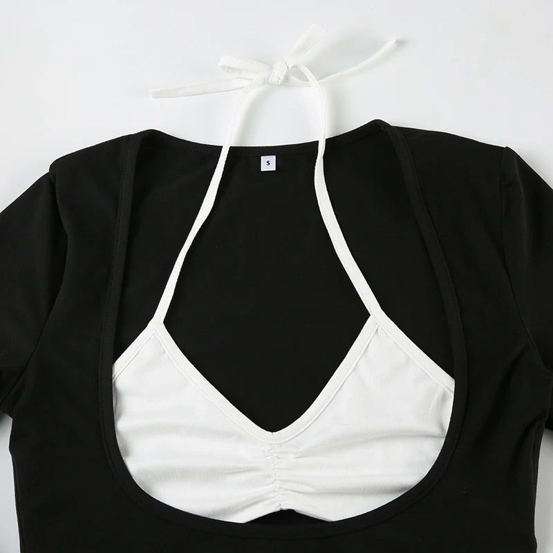 Contrast-color Patchwork Cropped Tshirts Halter Neck Slim 's Long Sleeves Shirts