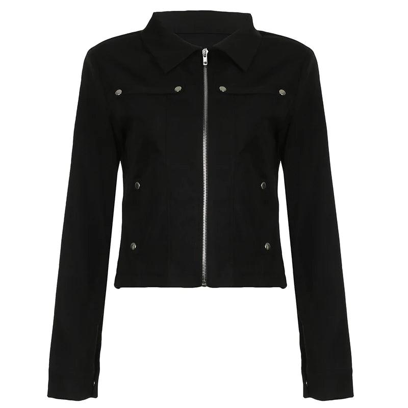 's Rivet Jacket Black Zip-Up with Pockets Long Sleeve Coats Cropped Design