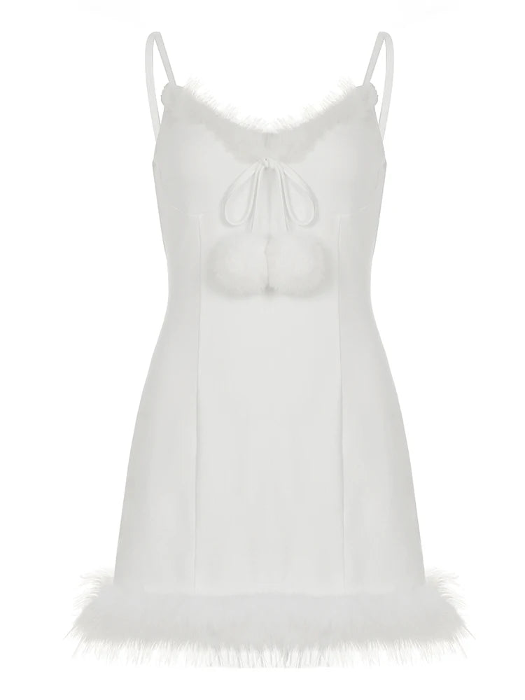 Strap Sleeveless Dress A-Line sweet White Mini V-Neck Lace-up Hairball Dress