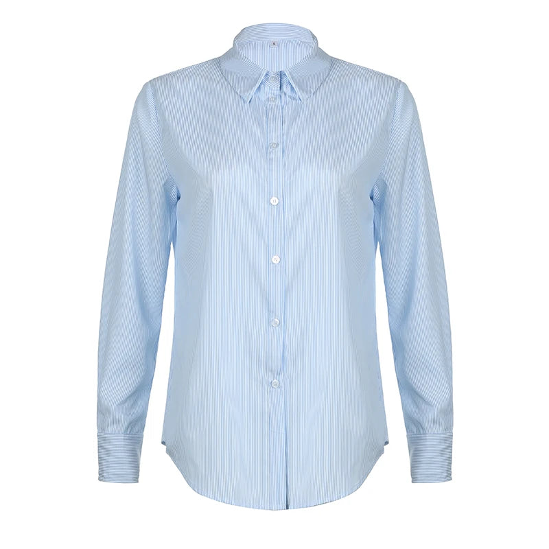 Loose Blouses Striped Print Turn-down Neck Shirts Button Up