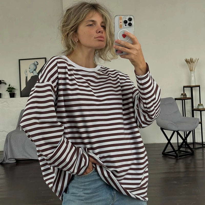 Overiz Strip Seweathirt Crewneck Looe Long Sleeve Top