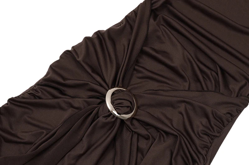Brown Low-cut Backless Pleated Slim Mini Dress