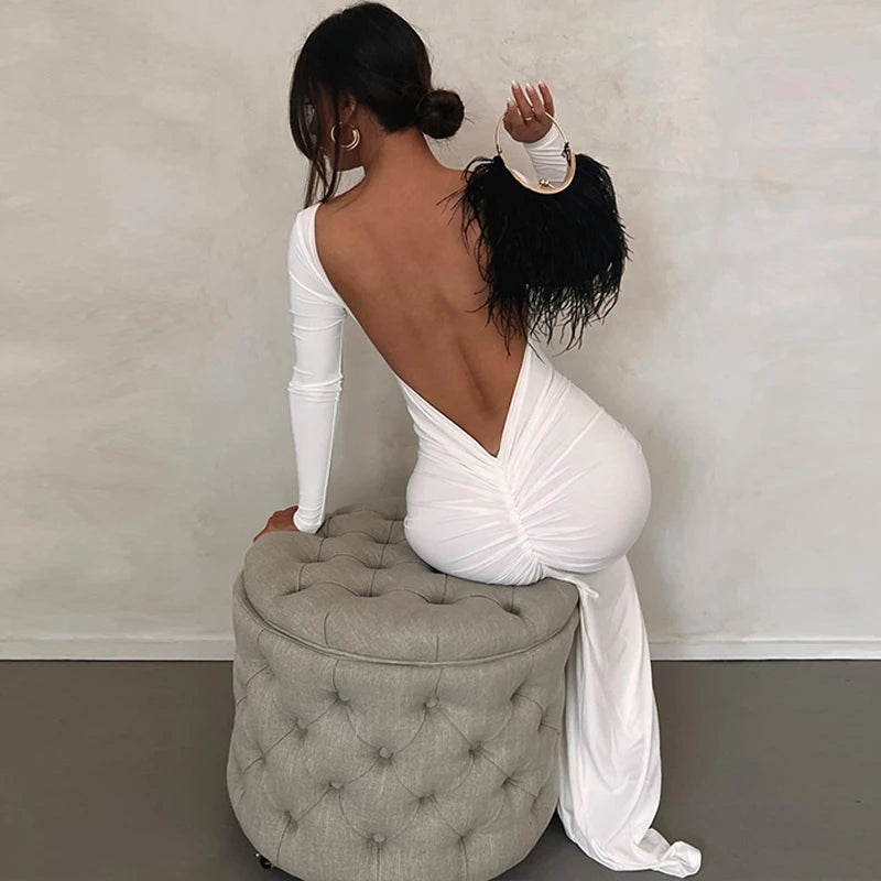 Ruched Backless Long Sleeve Bodycon Midi Dress