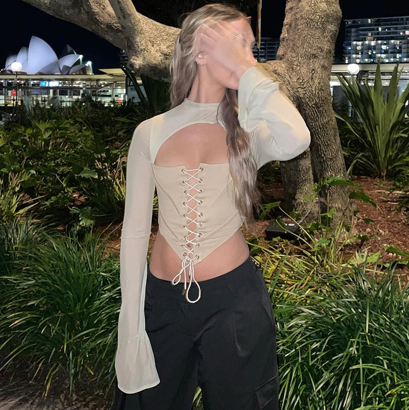 Meh Bandage T Shirt Long Sleeve O Neck Crop Tee Top Tee Shirt