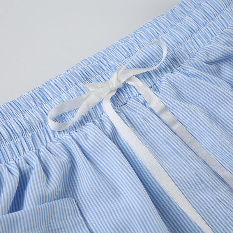 Loose Striped Print Shorts Pockets 's Bottoms Lace-up