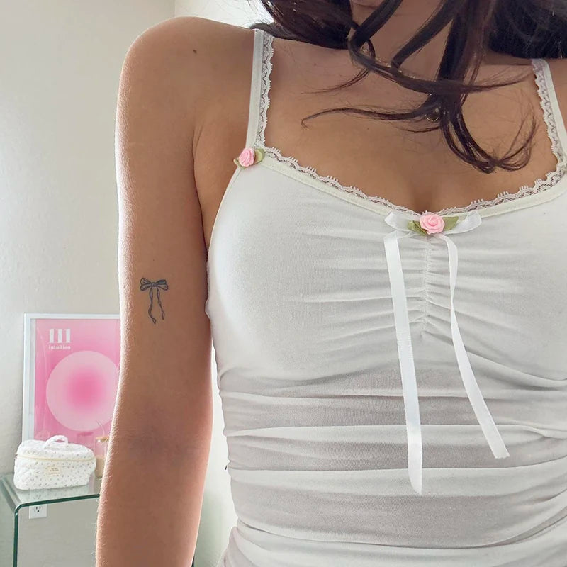 Lace Patchwork Camis Sleeveless Bow Spagetti Strap Top 's White