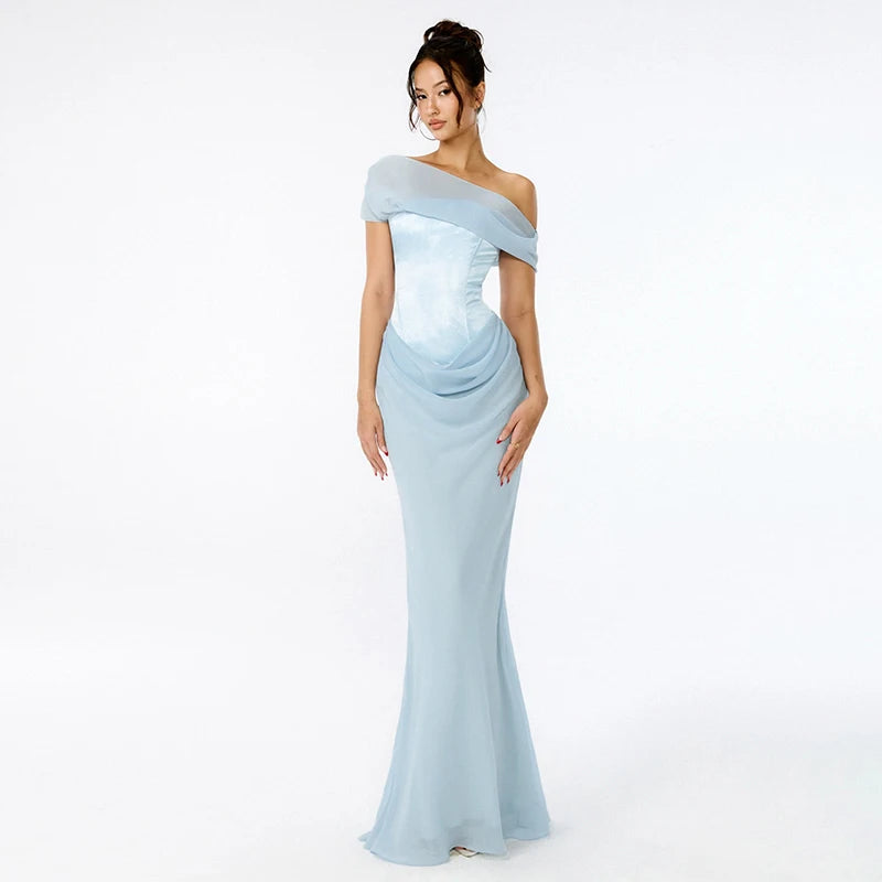 'S Diagonal Collar Sleeveless Strapless Mesh Patchwork See-Through Fishtail Evening Dress