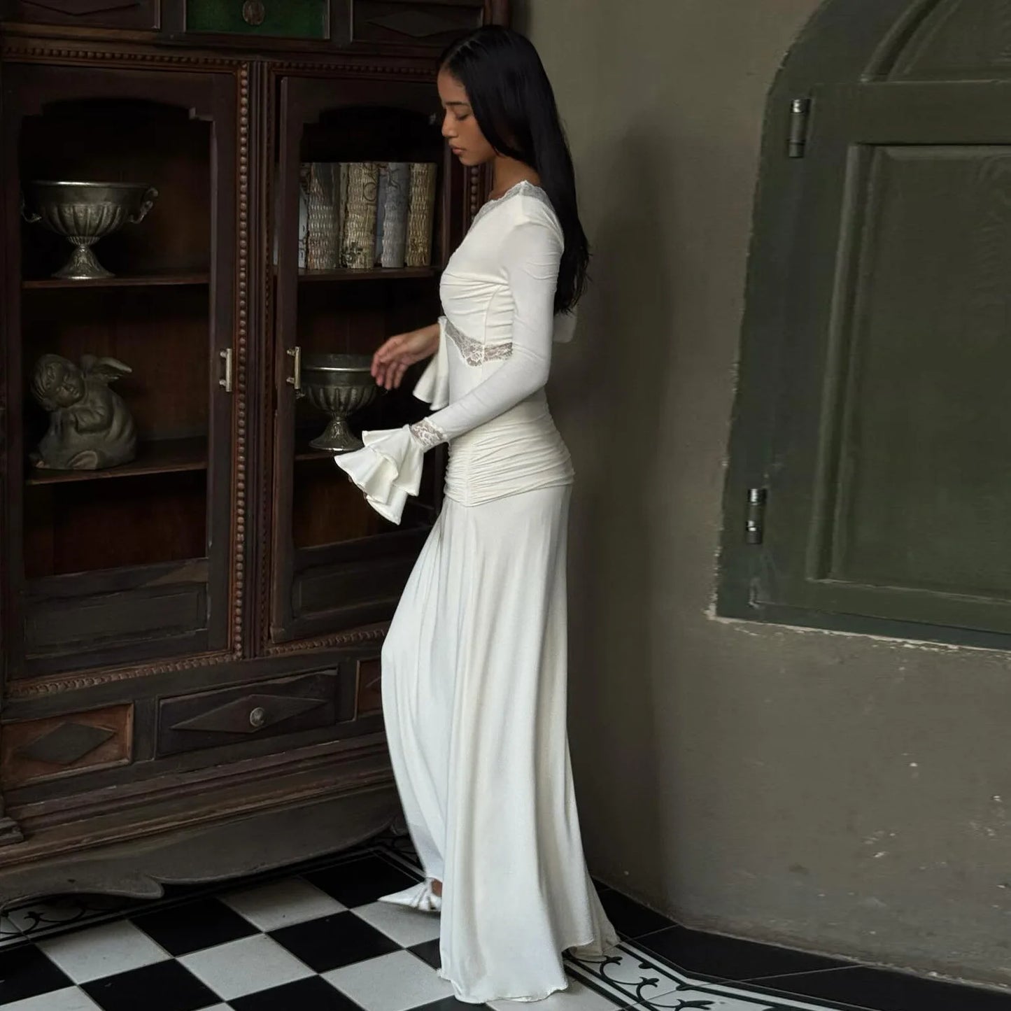 White V-Neck Lace Flare Sleeves Maxi Dress