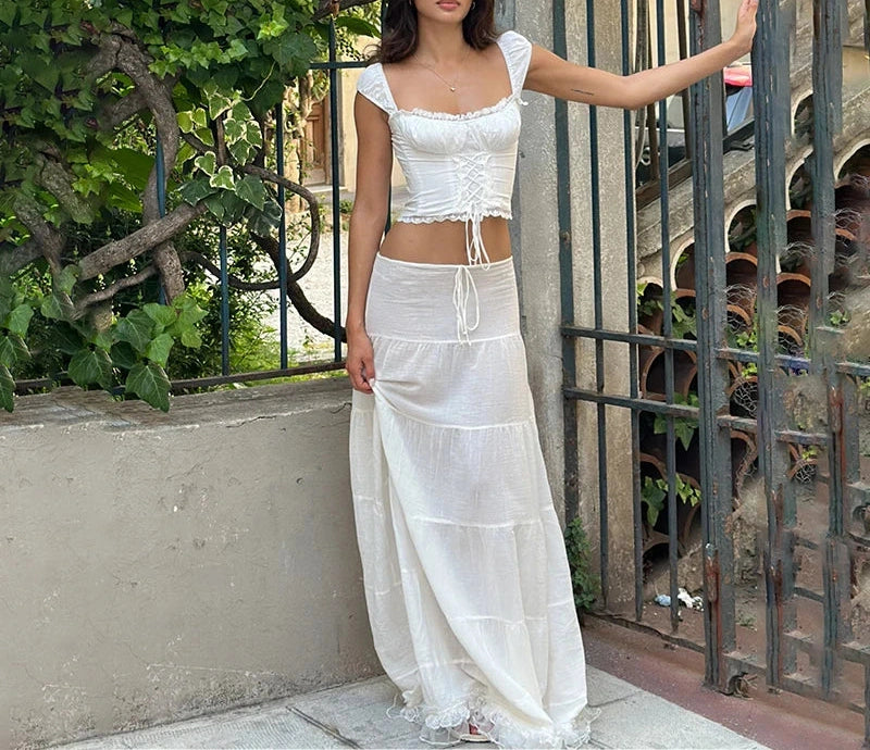 Lace Patchwork Tank Top With Low-waist Draw-string Long Skirt French Two Piece Sets