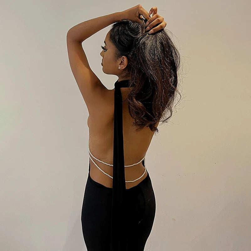 Slash Neck Dress Halter Sleeveless Backless Dress Pearl Strap Noble Dresses Evening Gowns
