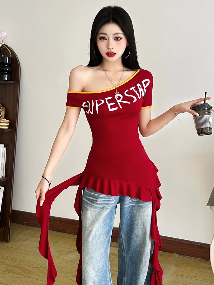 Incline Shoulder Letter T-hirt Ruffle Splice Tael Tee Top