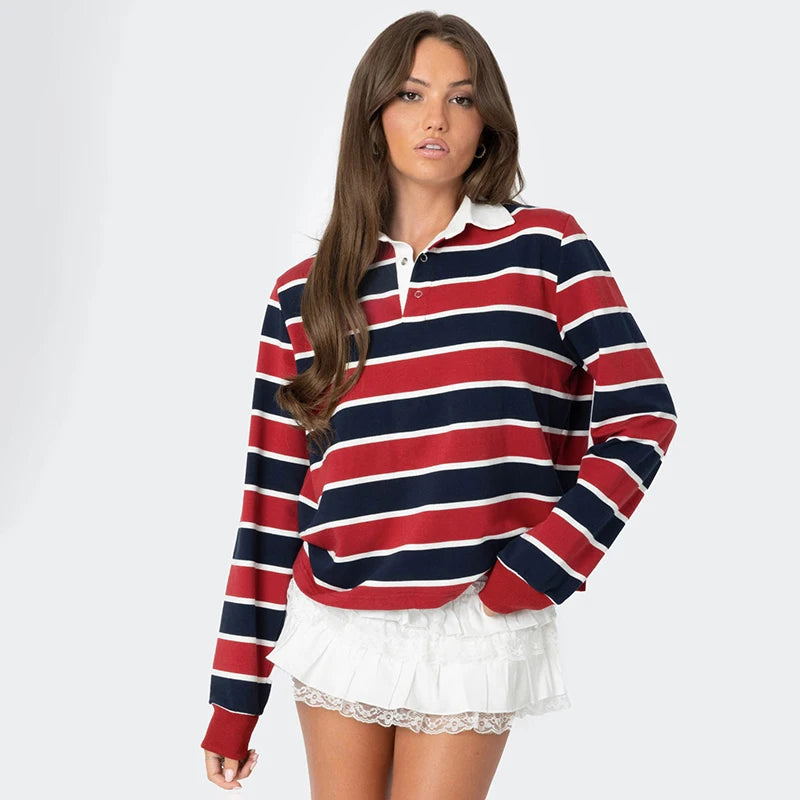 Strip Polo Shirt Long Sleeve Sport Pullover Bae Shirt