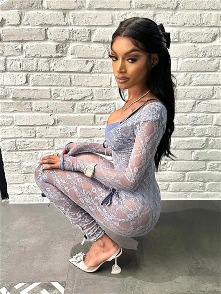 Lace Transparent Thin Solid Jumpsuit Long Sleeve Slim Fit Sheer Night Street Jumpsuit