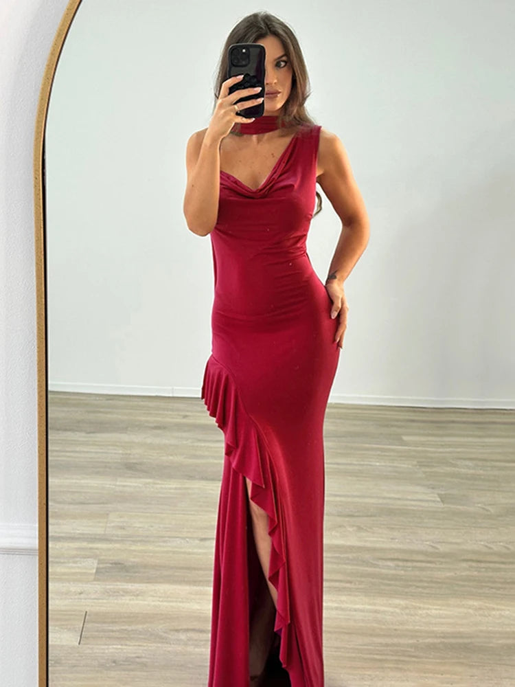 V Neck Long Dress Halter Neck Ruch Suspender Dress With Ribbon Dress High Slit Sleeveless