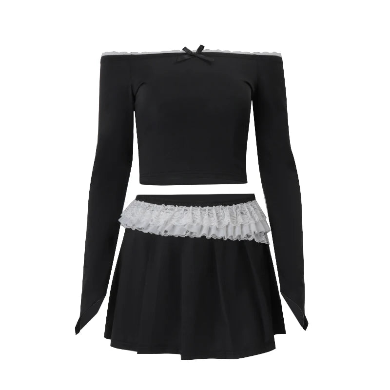 Black Long Sleeve Off Shoulder Lace Low Waist Mini Skirt Two Piece Set