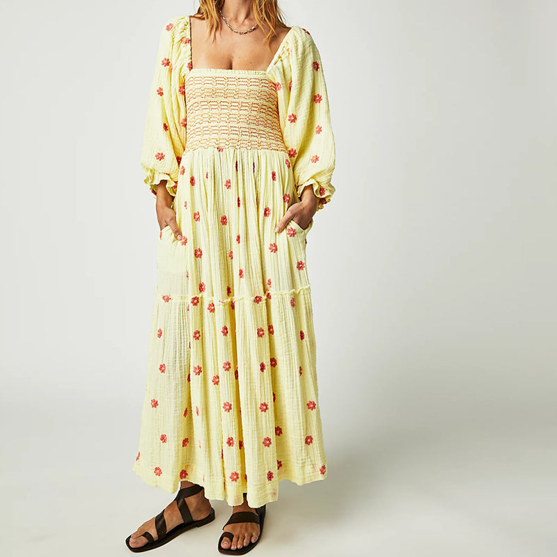 Ruffle Swing A Line Maxi Dress Bohemian Floral Dress Square Neck Long Sleeve Dress
