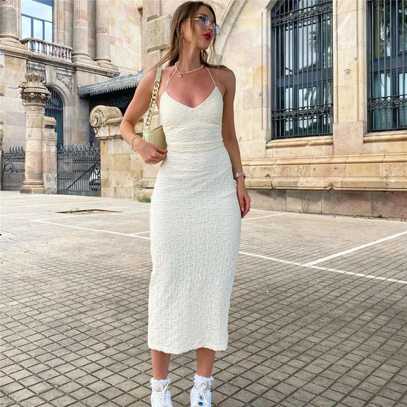 White Knit Backless Slim Midi Dress