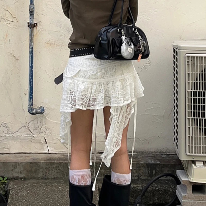 White Lace Irregular Skirt Fairycore A-line Mini Skirts Chic Bottom Y2K